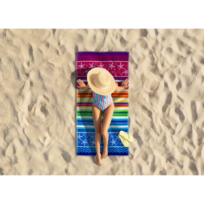 Telo Mare Spugna Jacquard Spiaggia Disegno Stelle Marine