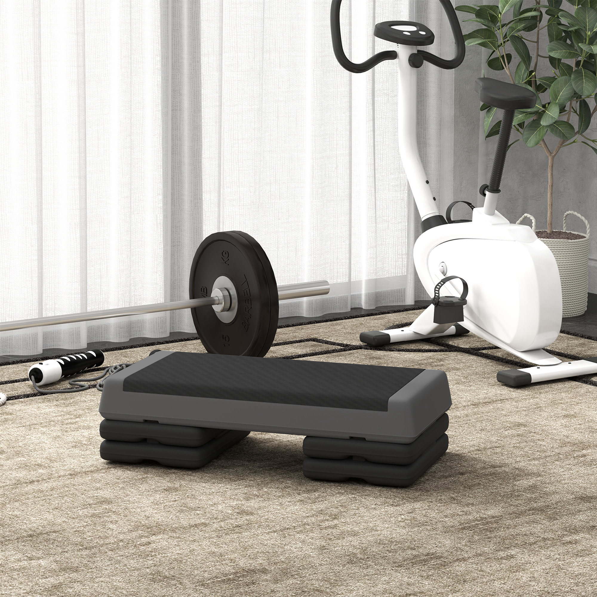 Step de Aeróbic, Step para Fitness Antideslizante, Altura Regulable 3 Niveles de 10,5/15,5/20,5 cm, Carga 250 kg, para Ejercicio en Casa, Gimnasio, 77x36x20,5 cm, Gris y Negro