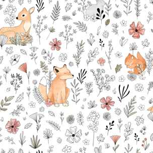 Papier peint enfant renard biche fleurs fond blanc