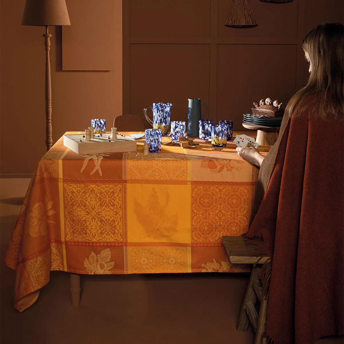 Nappe pur coton enduit motif jacquard jaune orange Mille tutti frutti ocre