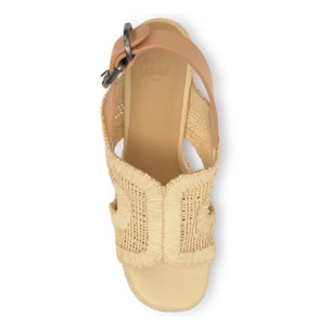 Sandalia destalonada Francina tacón forrado en rafia natural bordada con hebilla
