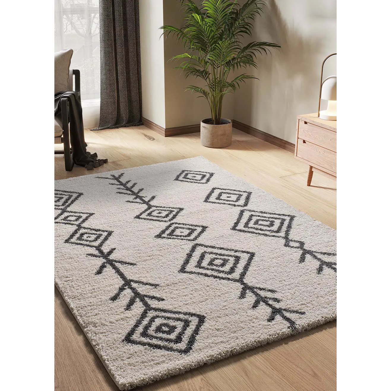 ATLAS Alfombra shaggy estilo étnico blanca, varias medidas disponibles