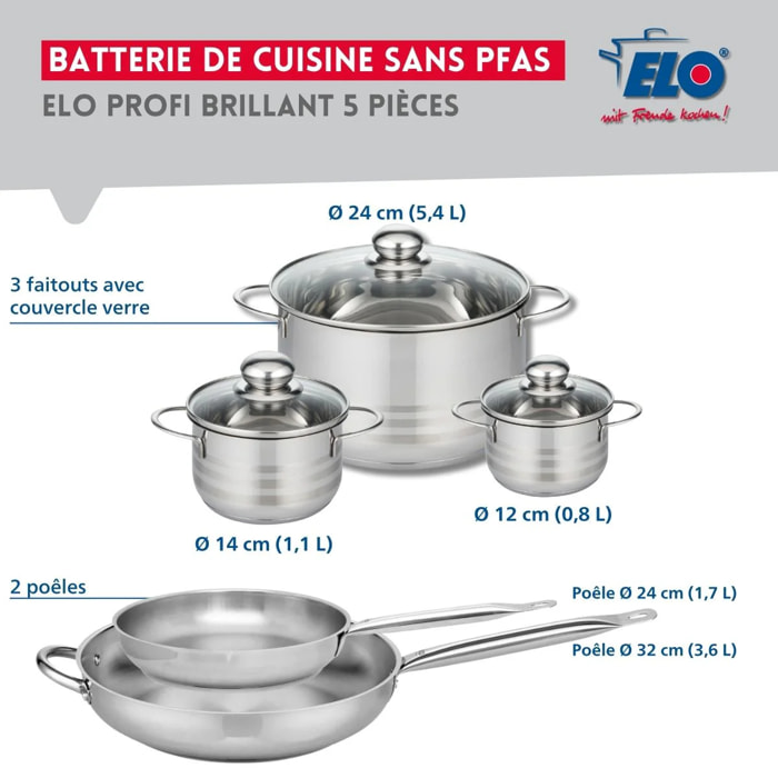 Ensemble de 2 Poêles de cuisson 24 et 32 cm et 3 faitouts 12, 14 et 24 cm Elo Profi Brillant