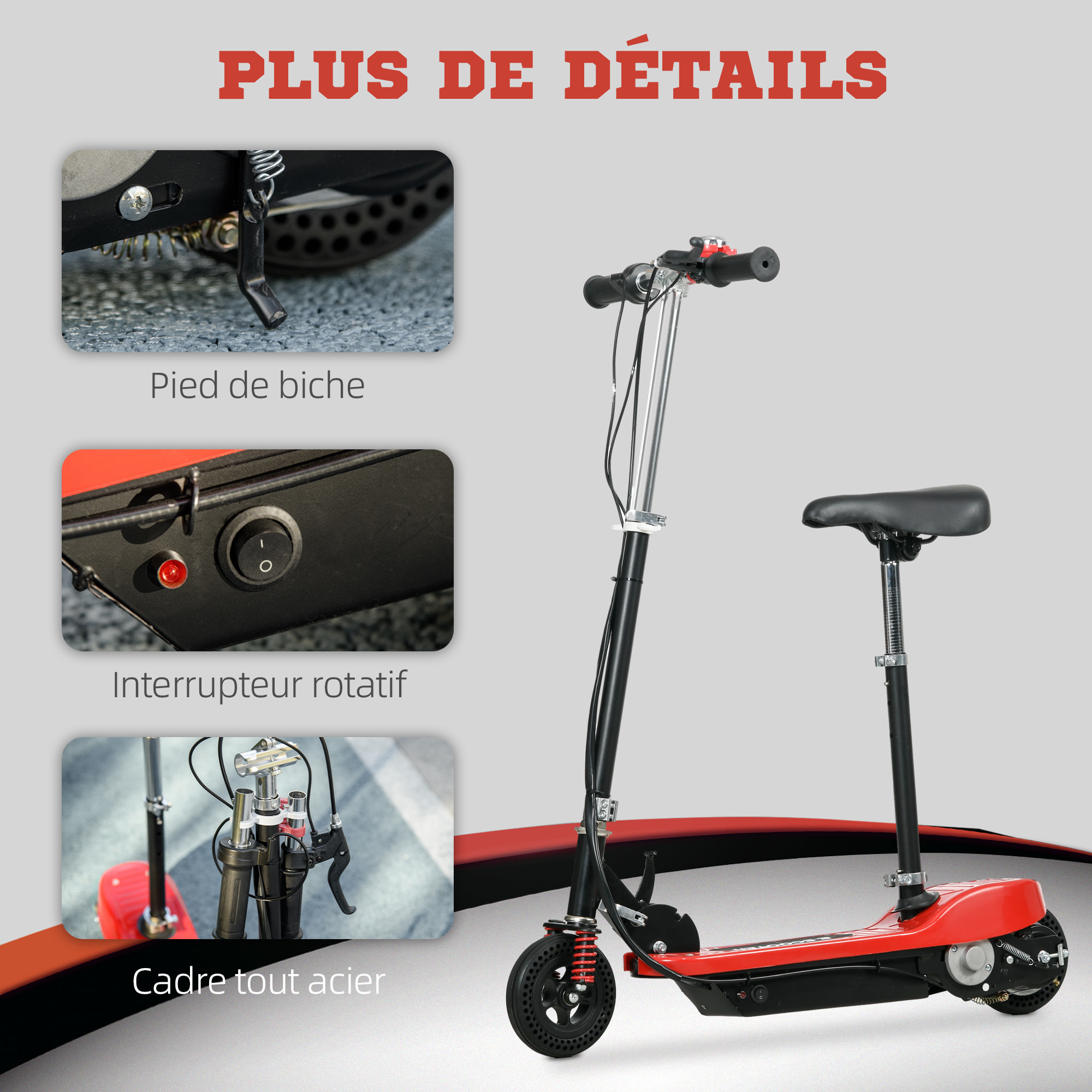 Trottinette électrique pliable enfant 120 W guidon selle réglable 15 Km/h max. suspension AV sonnette rouge noir