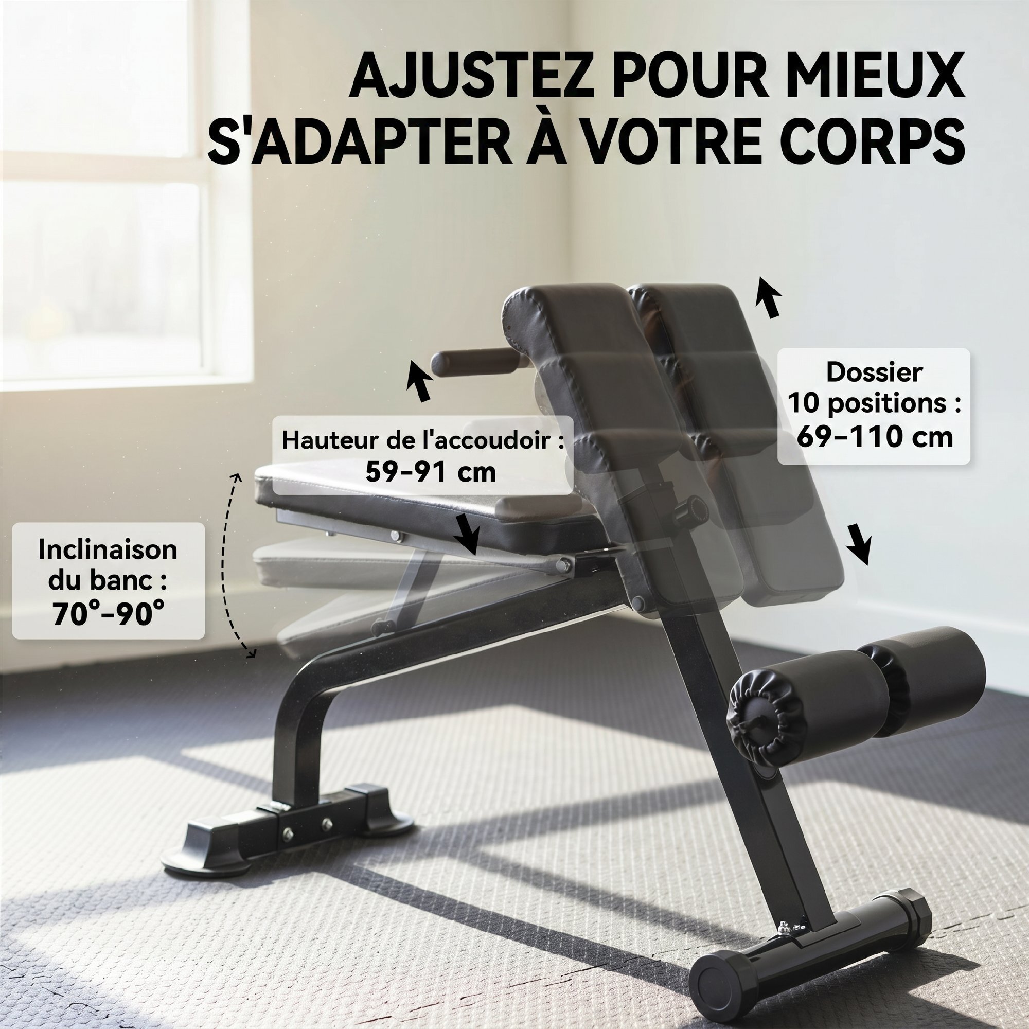Banc de musculation pliable réglable - banc à abdominaux et lombaires - noir