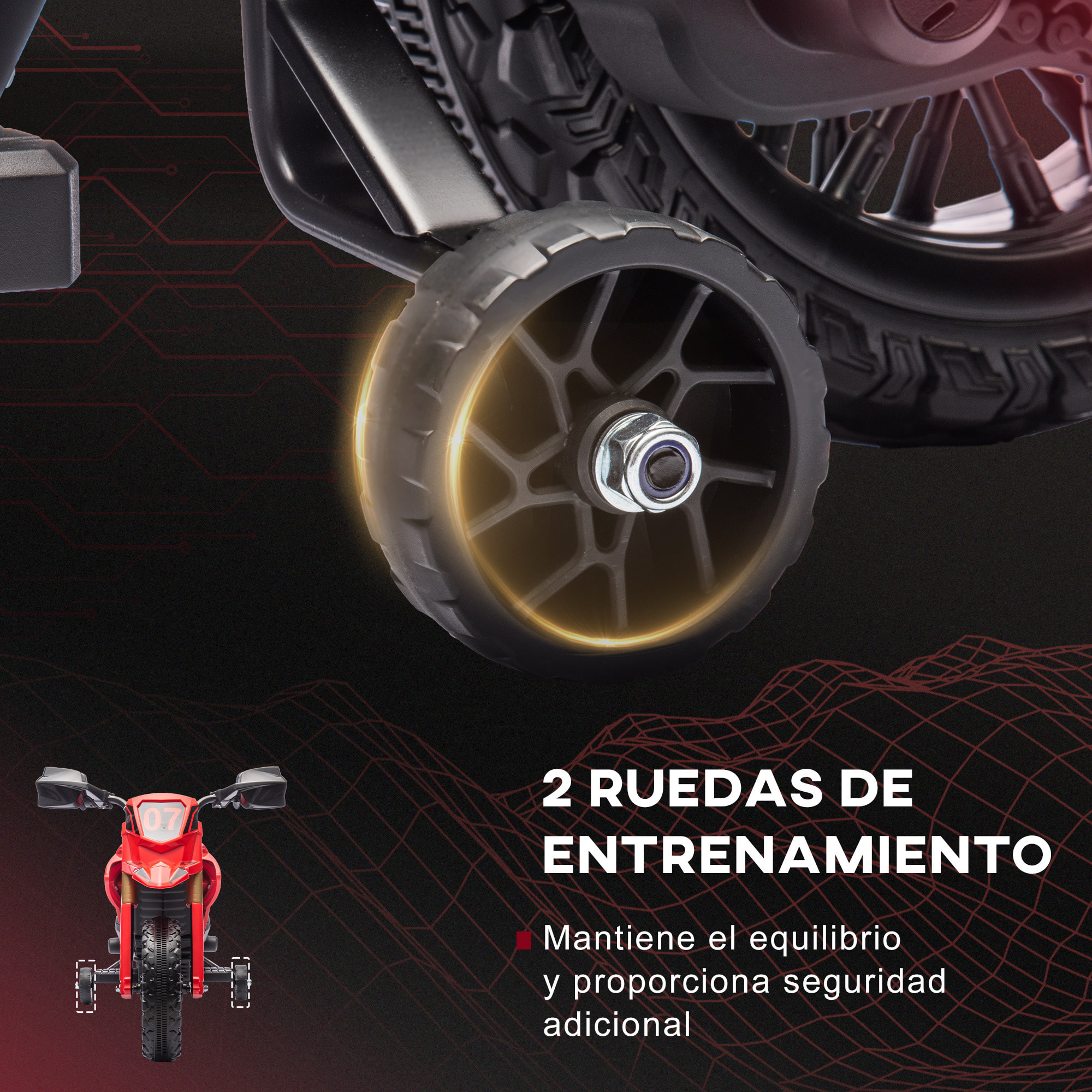 Moto Eléctrica para Niños de +3 Años Moto de Batería 12V para Niños con Ruedas de Entrenamiento Acelerador en Puño y Bocina Carga 30 kg Rojo