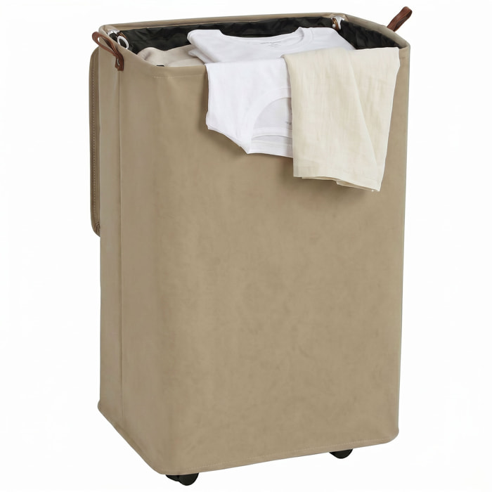 Cesto de Ropa Sucia con Tapa y Ruedas, 50L, Cesta de Ropa Sucia Plegable con Bolsa con Cordón Extraíble y Lavable, para Lavandería, Dormitorio, Baño, 40x30x65 cm, Camel