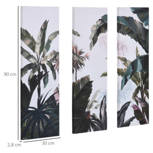 Triptyque imprimé et peint paysage tropical - dim. 90L x 30l cm (x3) - décoration murale - toile 100% polyester structure bois de pin encre vert blanc