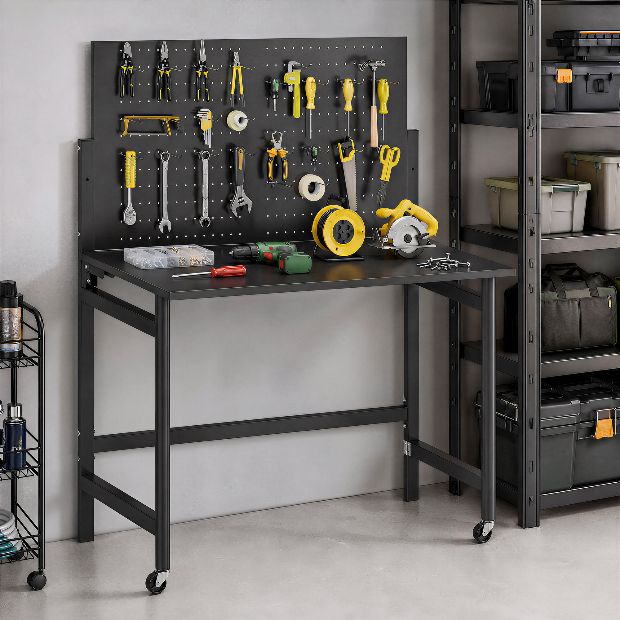Banco de Trabajo Plegable con Tablero Perforado y Ruedas, Mesa de Trabajo Plegable con Ganchos, Marco de Acero, Banco para Garaje o Taller, 115x62x143,5 cm, Negro