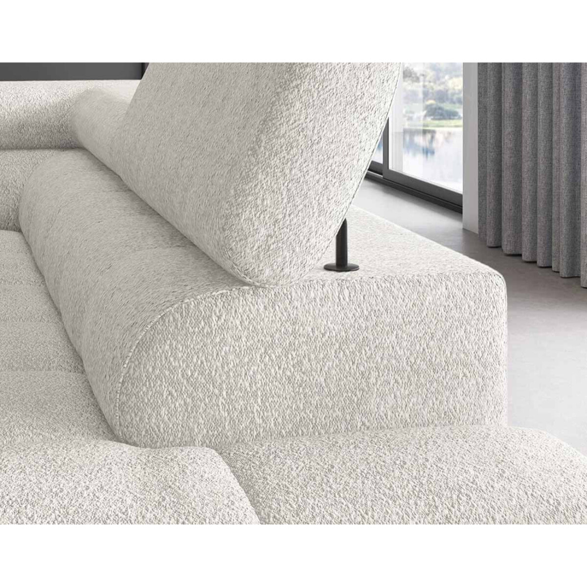 Elisa - canapé d'angle droit 5 places convertible avec coffre et têtières réglables en tissu bouclette - Blanc