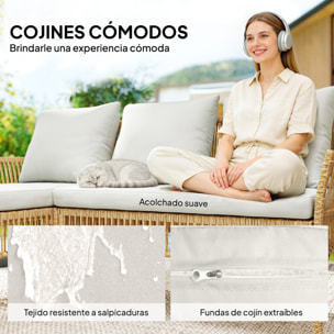Conjunto de Jardín de Ratán de 3 Piezas, Muebles Jardín Exterior Incluye 1 Sofá de 2 Plazas, 1 Sofá Esquinera, 1 Mesa de Centro con Tablero de Vidrio Templado, Cojines, Resistente, Crema