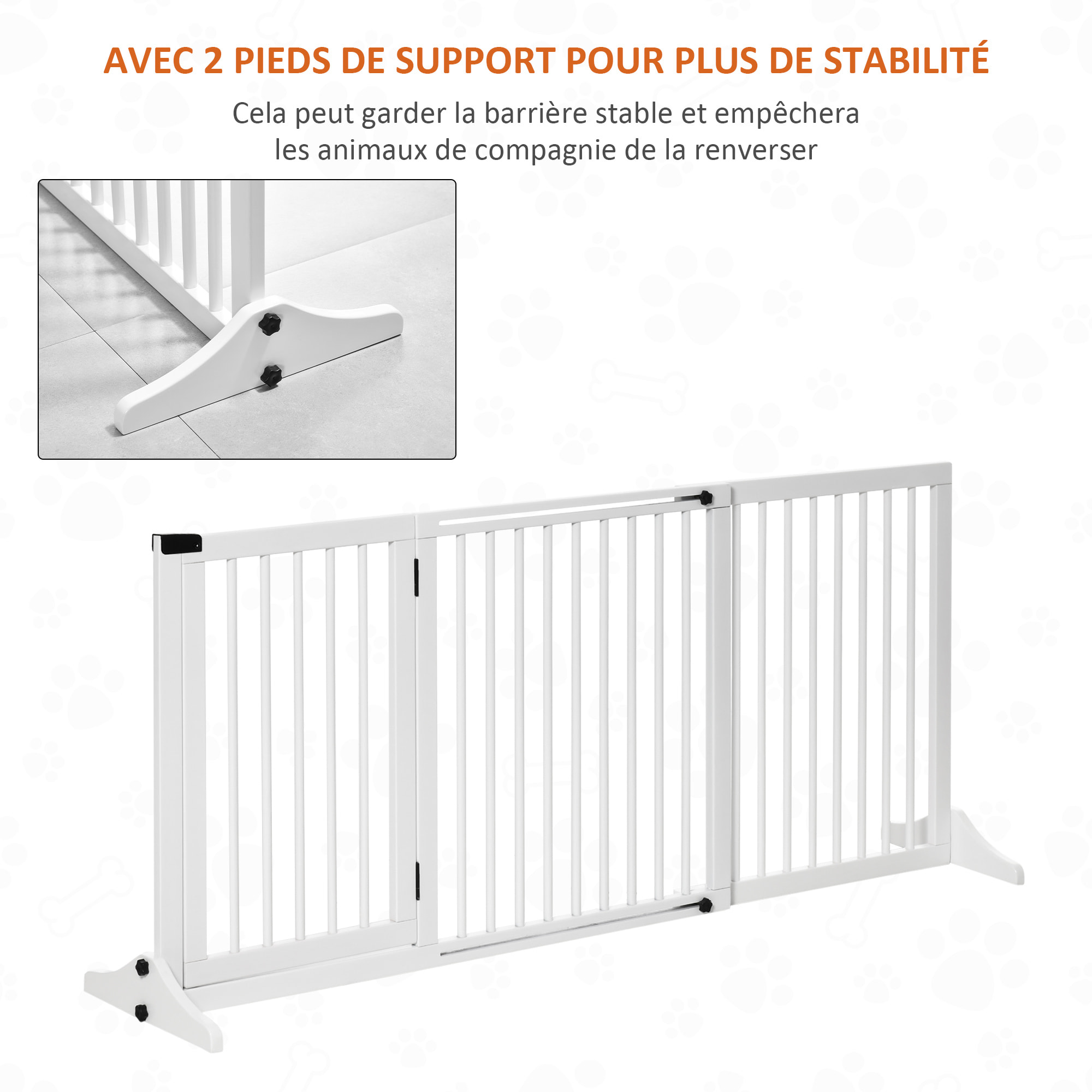 Barrière de sécurité chien barrière autoportante longueur réglable porte verrouillable intégrée dim. 113-166L x 36l x 71H cm sapin blanc