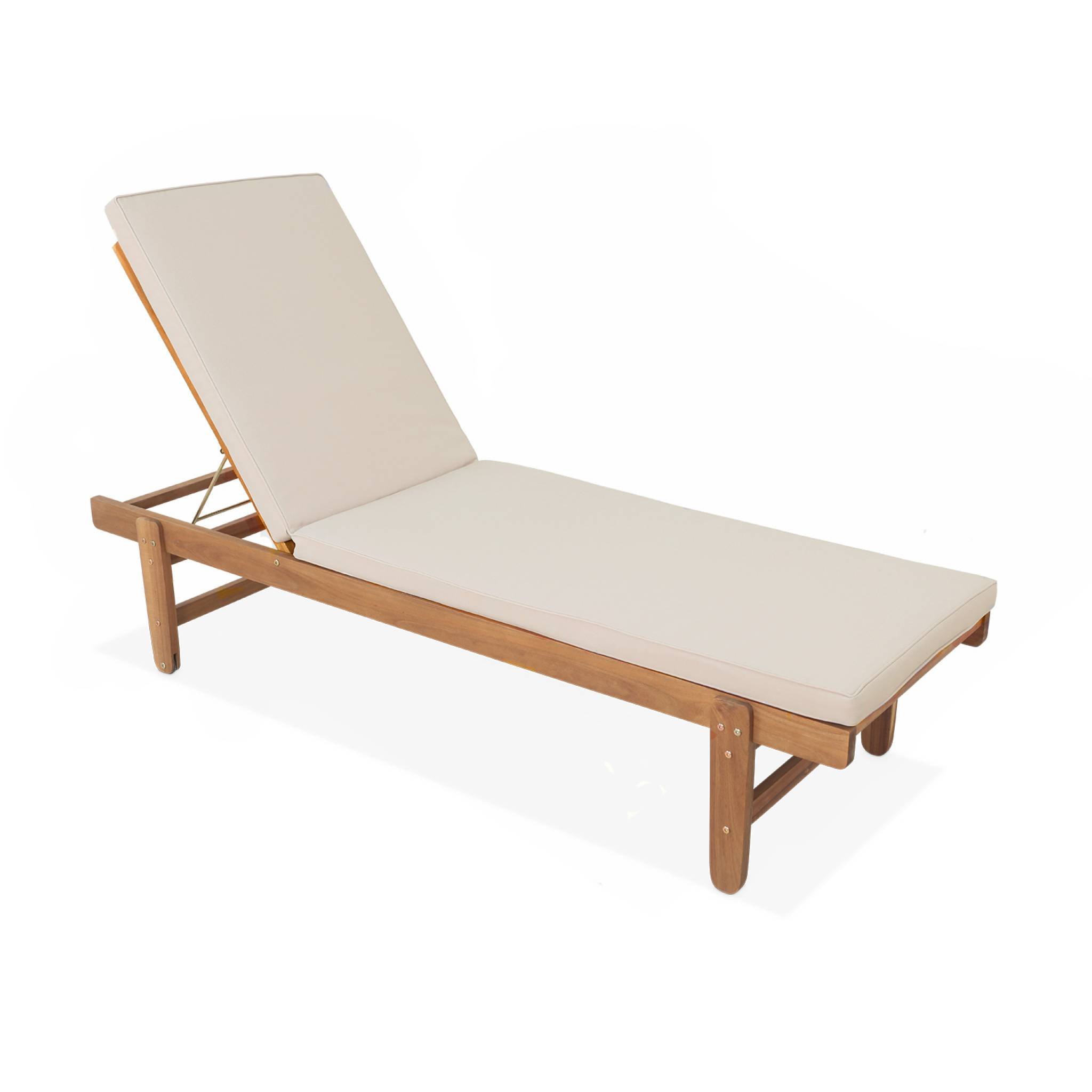 Set de 2 bains de soleil en Acacia – AREQUIPA – Transats avec coussins beige et roulettes. multi positions