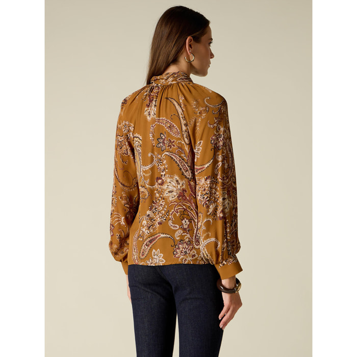 Oltre - Blusa estampada con volantes - Marrón