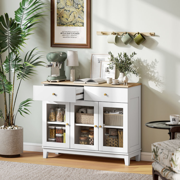 Buffet 3 portes vitrées nervurées 2 étagères 2 tiroirs poignées métal doré blanc effet bois clair