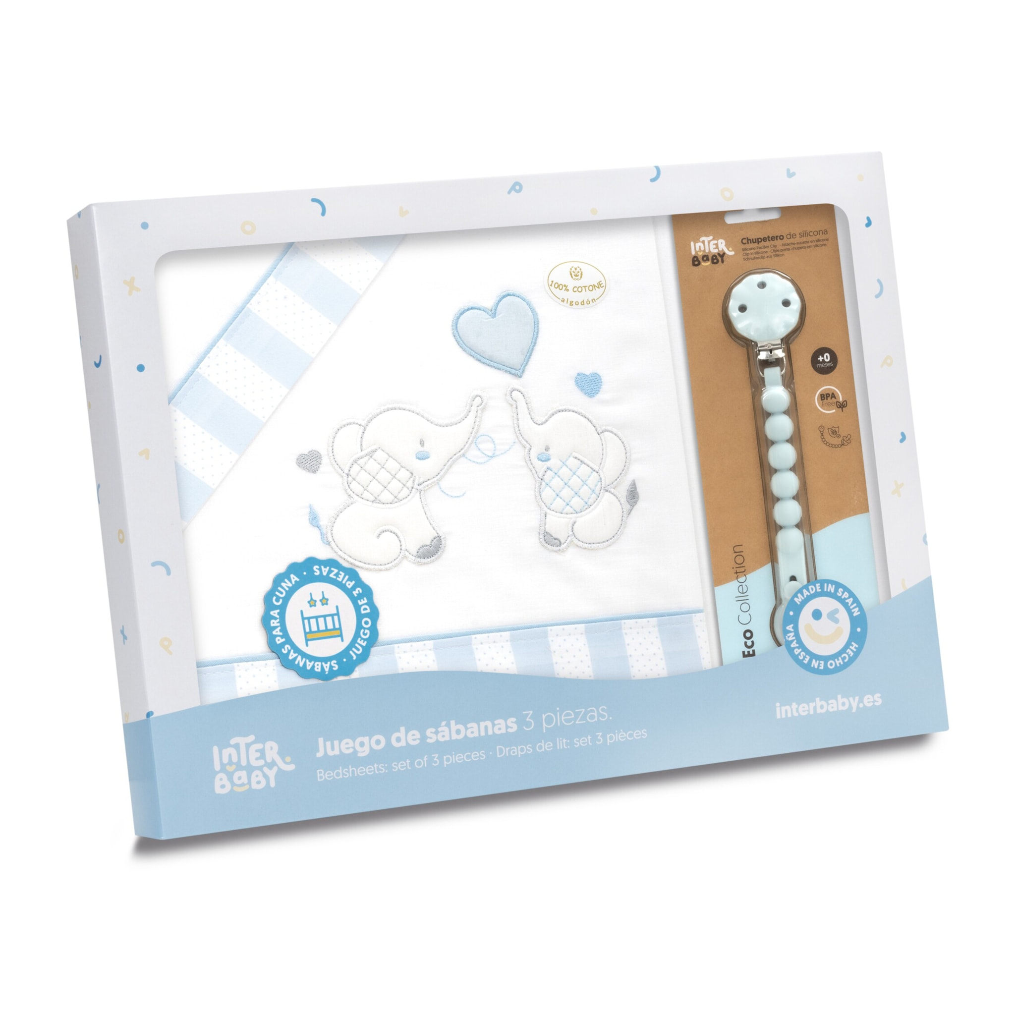 Triptico Cuna Parejita Elefante + Broche Bco/Azul