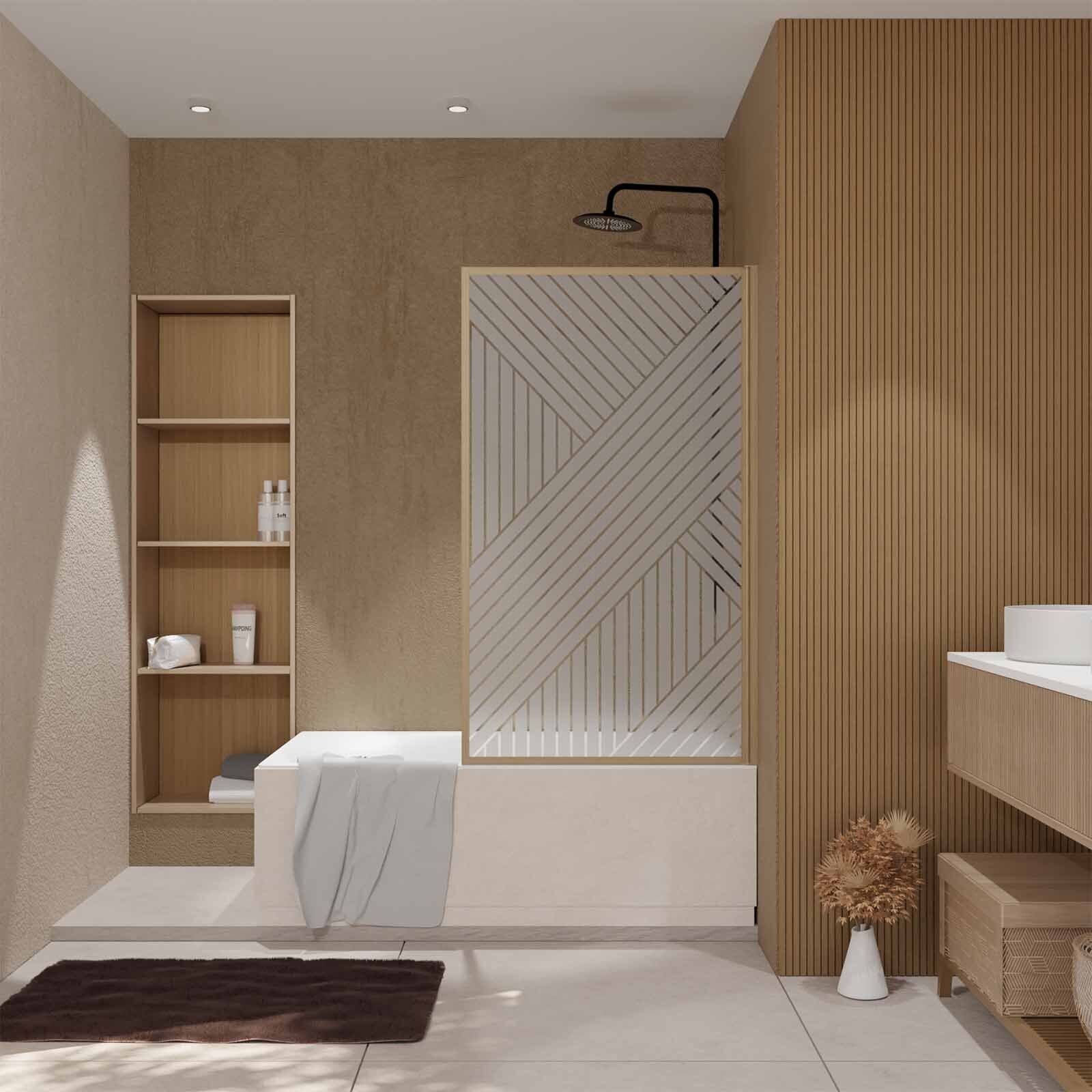 Pare baignoire pivotant 140x80 cm HINATA - style Japandi géométrique - Cadre effet bois - Verre 5 mm