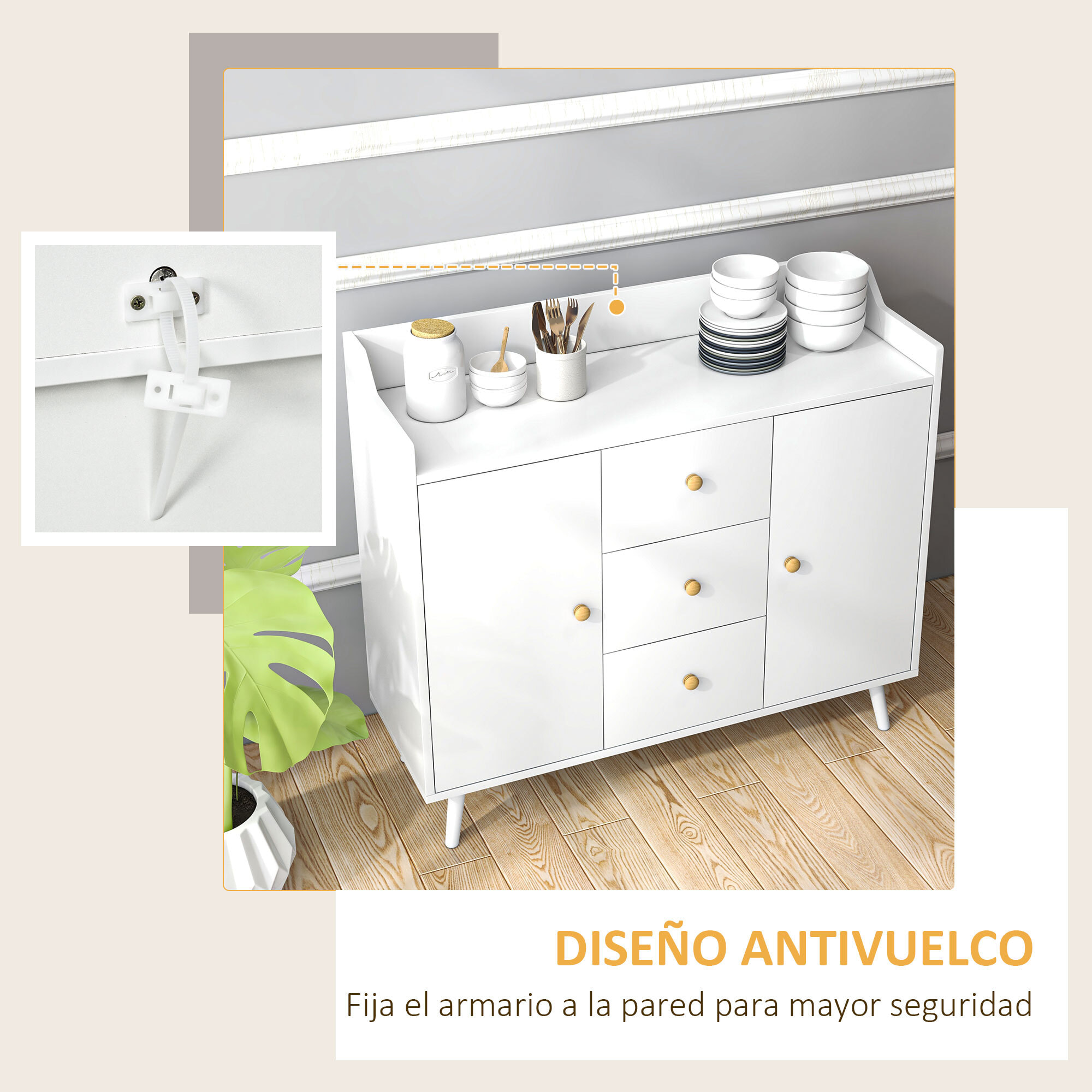 Aparador de Salón Moderno Aparador de Cocina con 2 Puertas 3 Cajones y Patas de Madera de Pino para Comedor Pasillo Dormitorio 90x32x80 cm Blanco