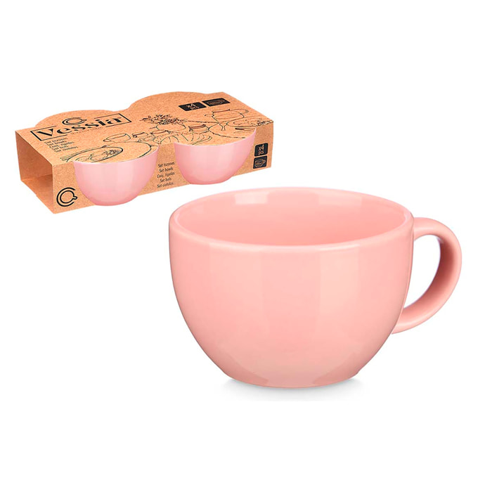 Set de 4 tazones rosas de porcelana. 480 ml de capacidad.
