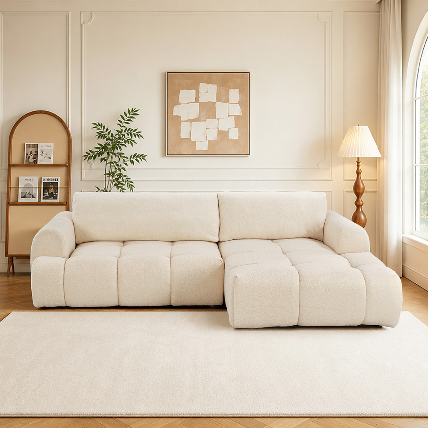Canapé nuage convertible 4 places en tissu bouclette beige MINDEN