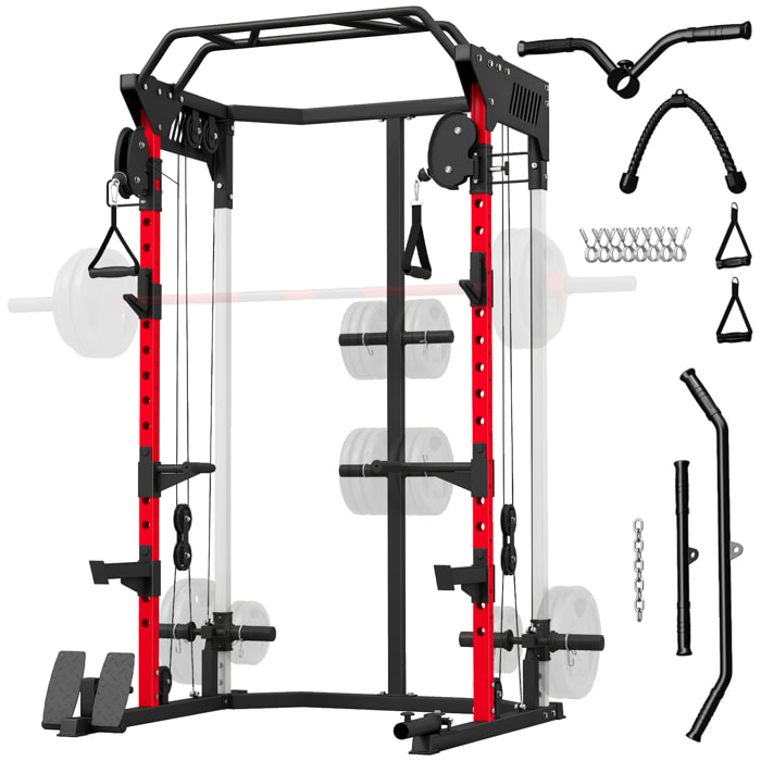 Jaula de Potencia Musculación Smith Machine con Sistema de Poleas Ajustable, Rack para Sentadillas con Barra de Dominadas, Estación de Fondos, Soporte Barra, para Casa Gimnasio, Carga 900 kg