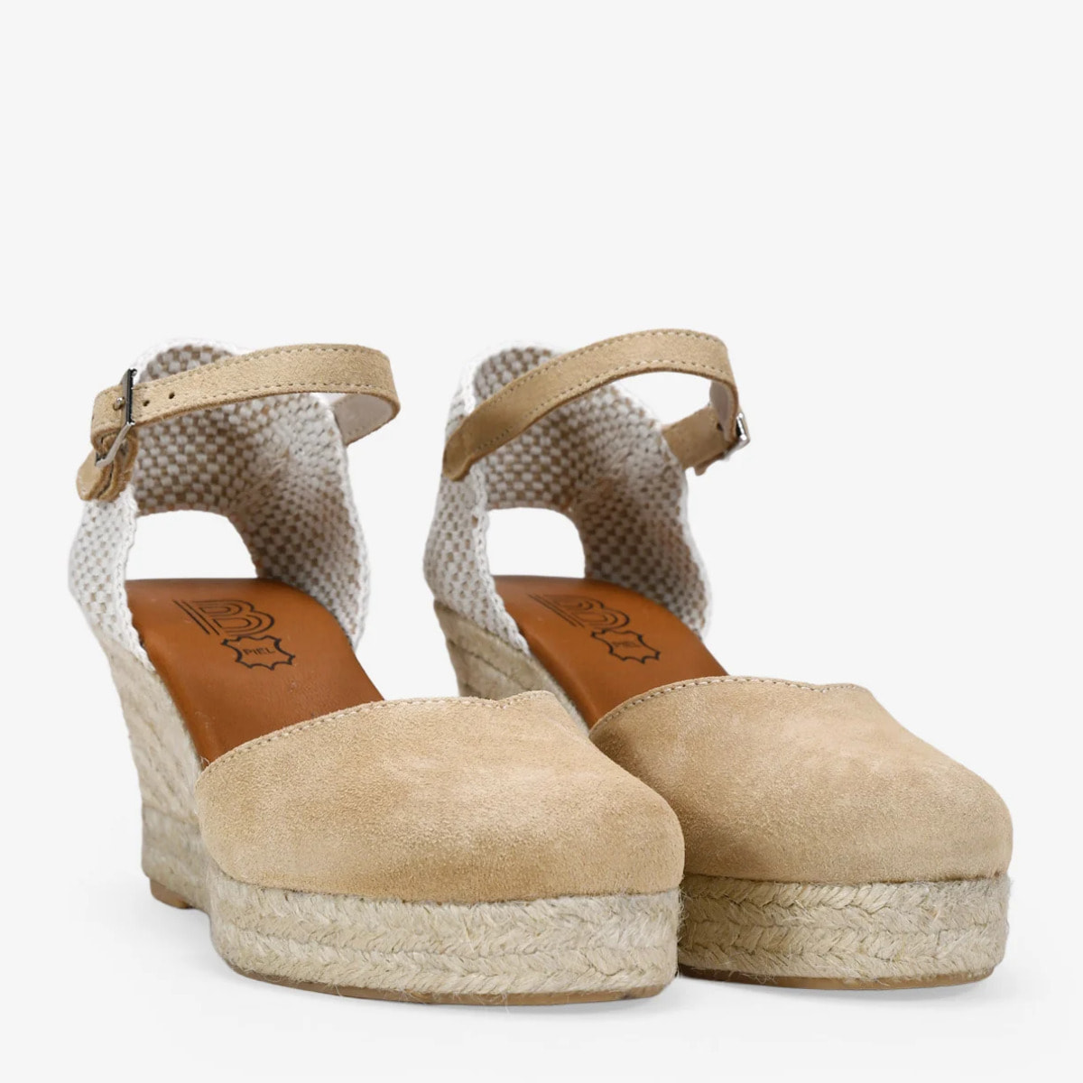 Alpargatas de cuña beige en piel con esparto