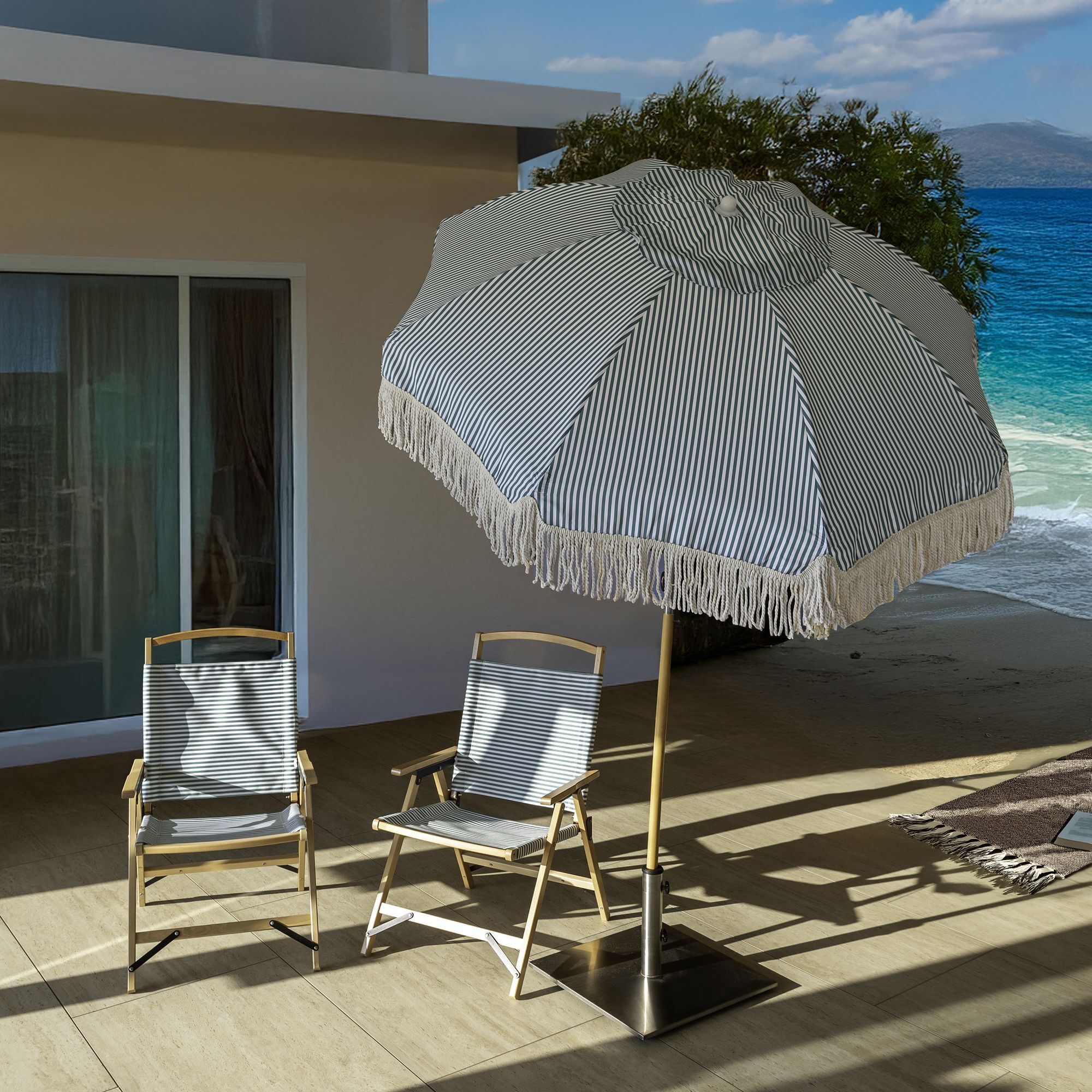 Parasol à rayures vert avec franges PLAYA