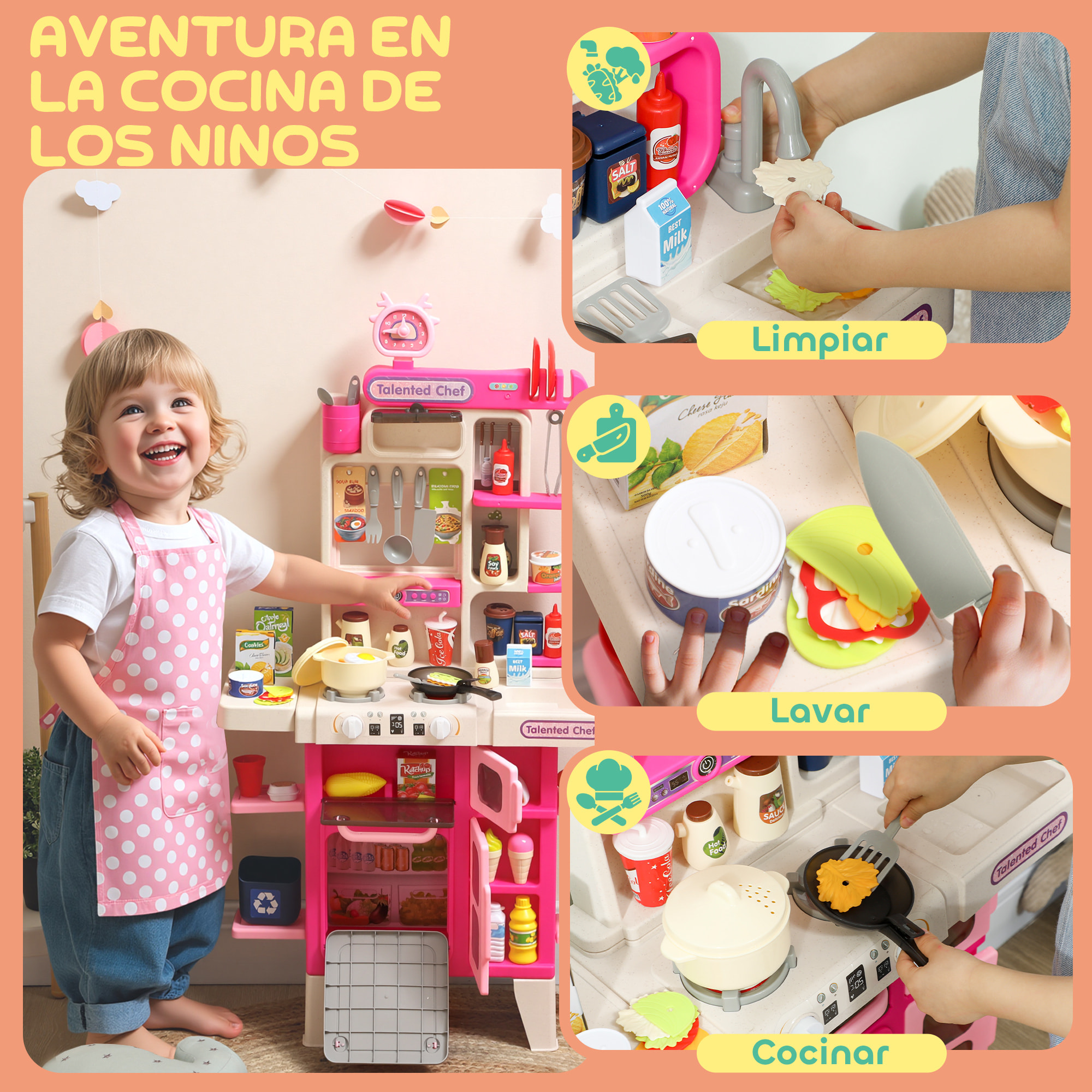 Cocina de Juguete con Luces y Sonido, Cocinita Infantil con Accesorios, Fregadero, Ollas, Utensilios y Alimentos Falsos, Juguetes para Niños a Partir de 3 Años, 52,5x22x100 cm, Rosa