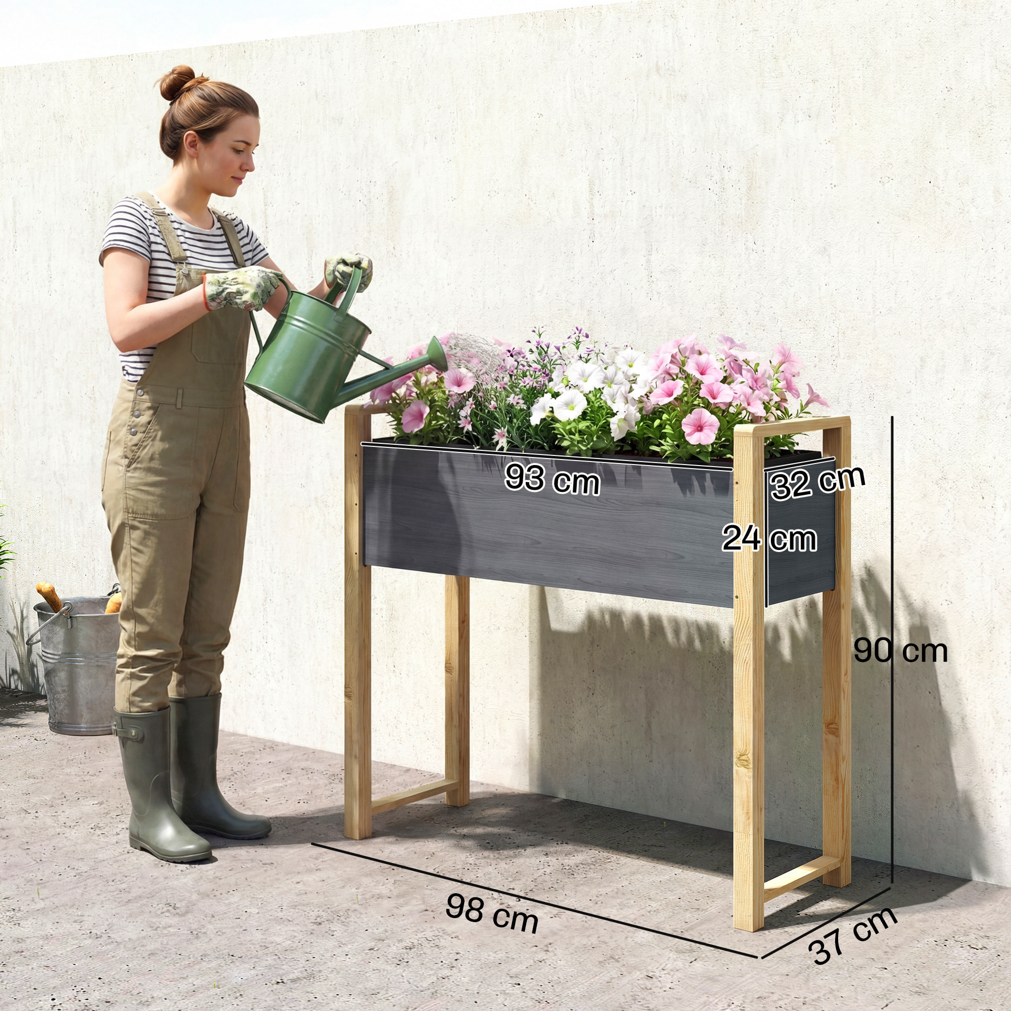 Jardinière design bicolore bois naturel et gris feutre drainage inclus