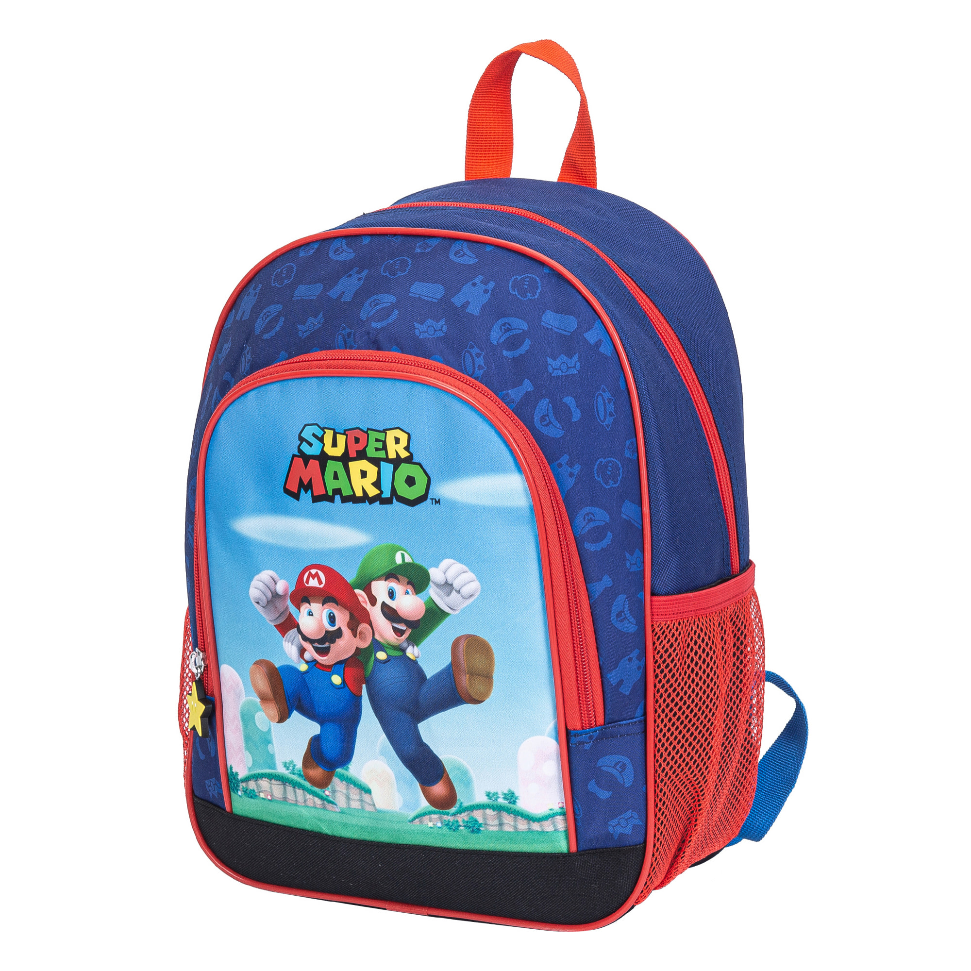 Super Mario Zaino. 2 tasche laterali. Schienale imbottito.