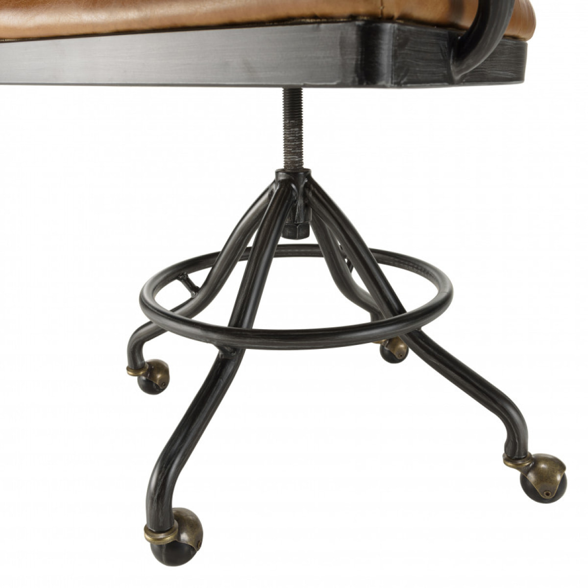 GASTON - Fauteuil DESK vintage cuir marron et métal noir à roulettes accoudoirs en bois