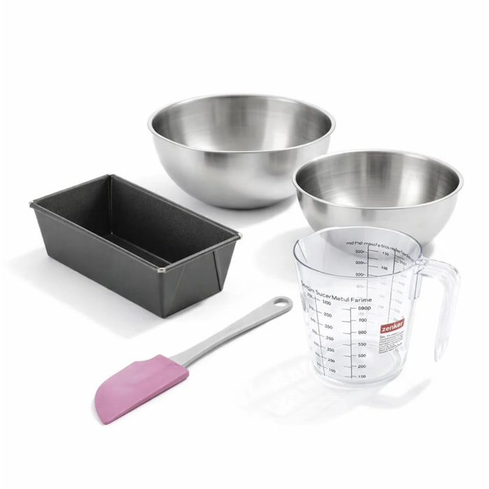 Set pâtisserie avec mini moule à cake, bols à mixer, verre mesureur et spatule Zenker