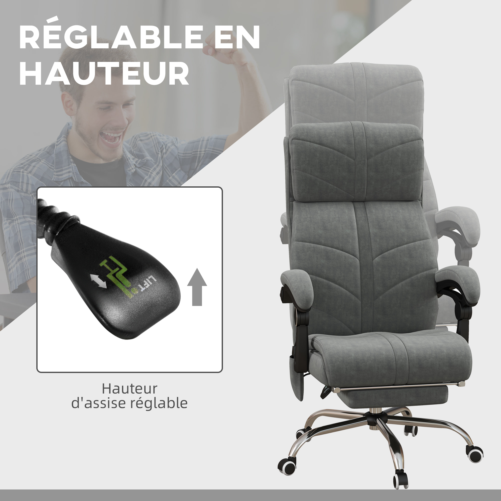 Fauteuil de bureau direction massant chauffant inclinable réglable repose-pied intégré tissu toucher flanelle grise