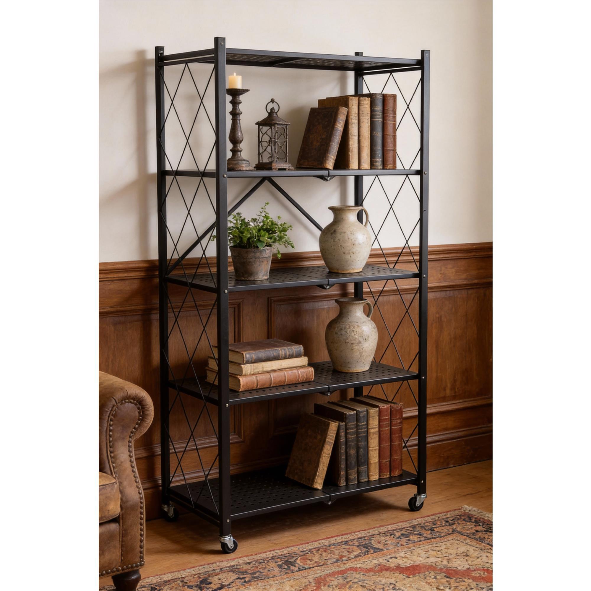 Estantería de Almacenamiento PLEGABLE de 5 Estantes con ruedas, SIN montaje - 71x34x160 cm color Negro