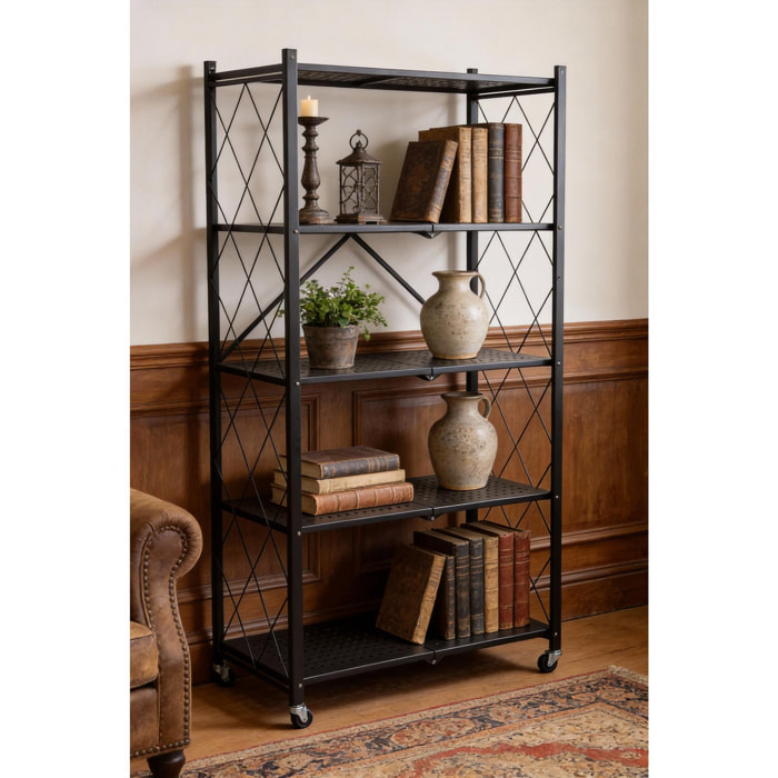 Estantería de Almacenamiento PLEGABLE de 5 Estantes con ruedas, SIN montaje - 71x34x160 cm color Negro
