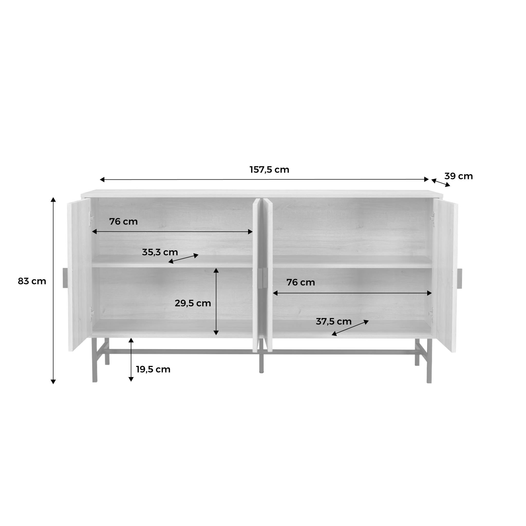 Buffet de rangement effet bois foncé. Bazalt. quatre portes. deux étagères. buffet haut. vaisselier. L 157.5 x l 39 x H 83cm