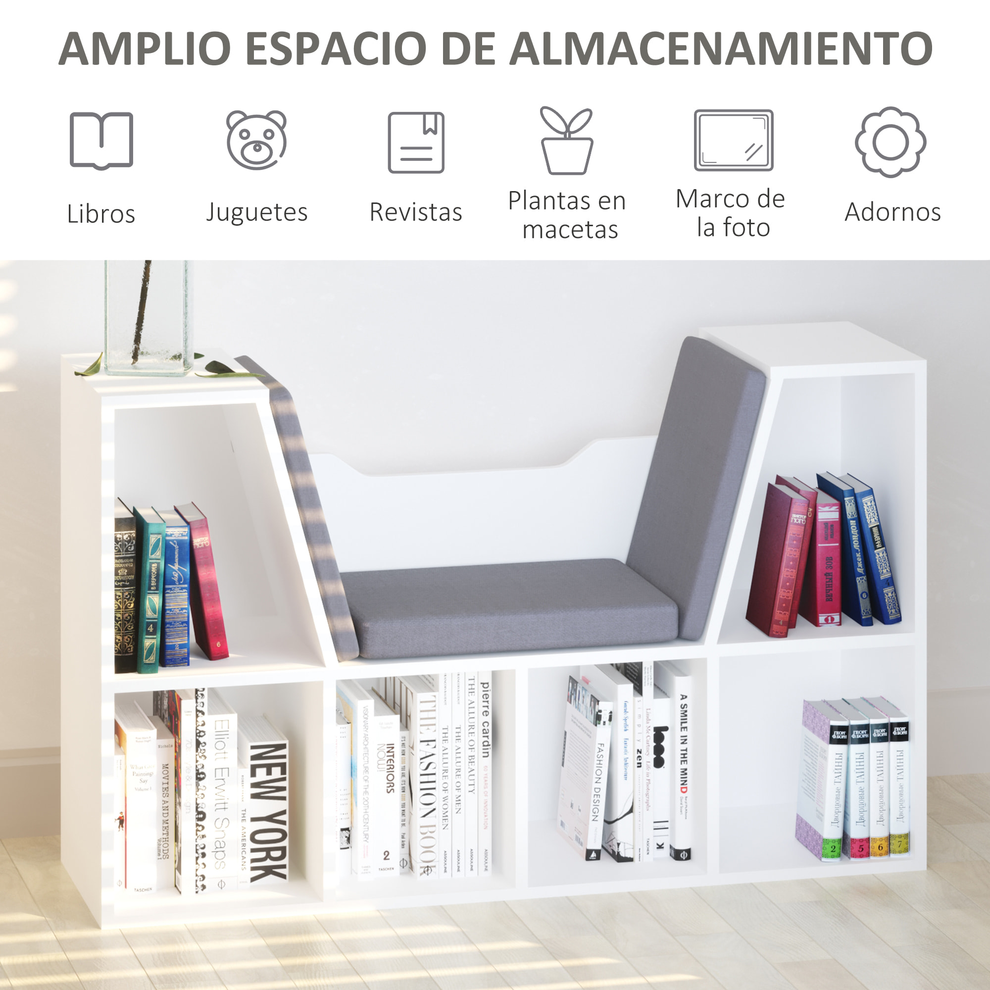 Estantería con Asiento Cojín 6 Cubos 102x30x61cm Blanco