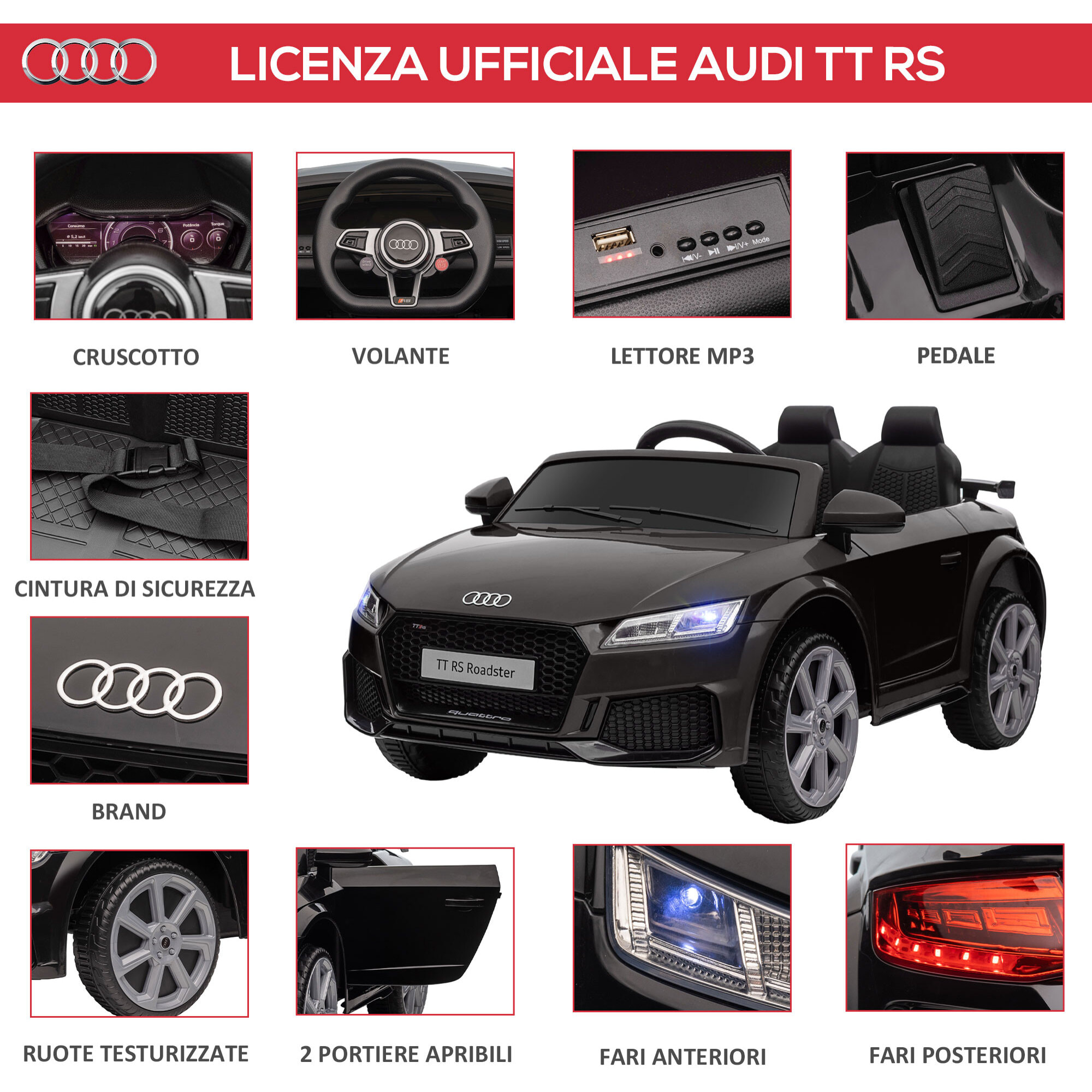 HOMCOM Macchina Elettrica per Bambini 3-5 Anni AUDI TT con Telecomando, Portiere Apribili e Fari LED, Nero