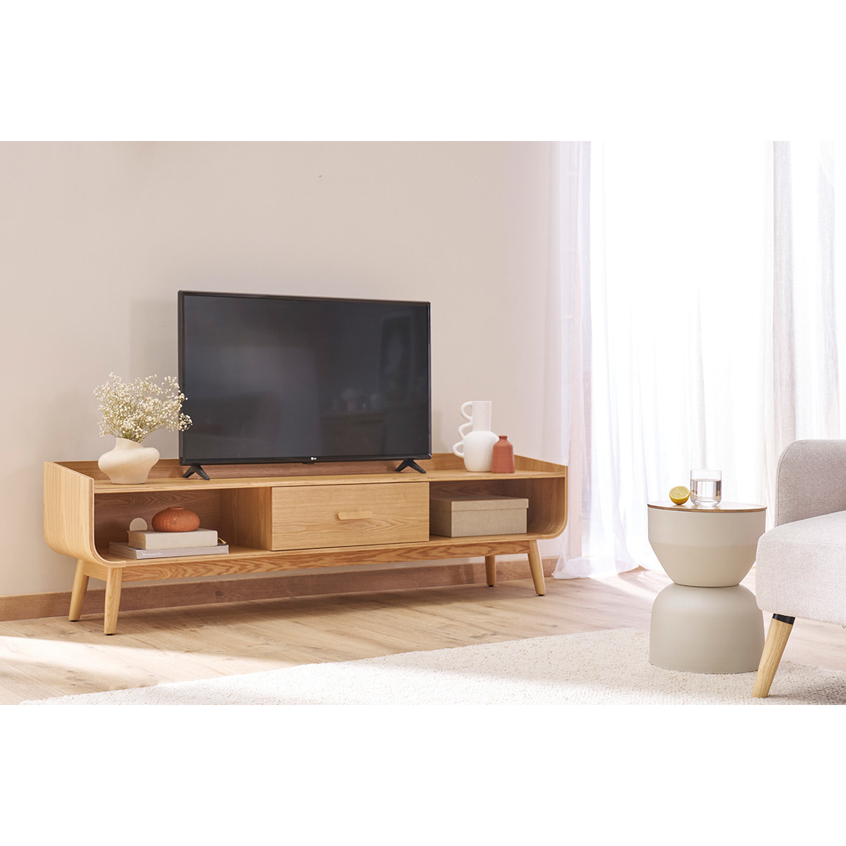 Table d'appoint ronde design avec rangement en métal grège et bois manguier massif D30 cm YOYO