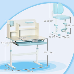 Ensemble bureau chaise enfant hauteur réglable plateau inclinable nombreux rangements blanc bleu effet bois clair
