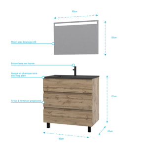 Meuble salle de bains 80cm décor chene naturel 3 tiroirs - Vasque noire et Miroir Led - TIMBER
