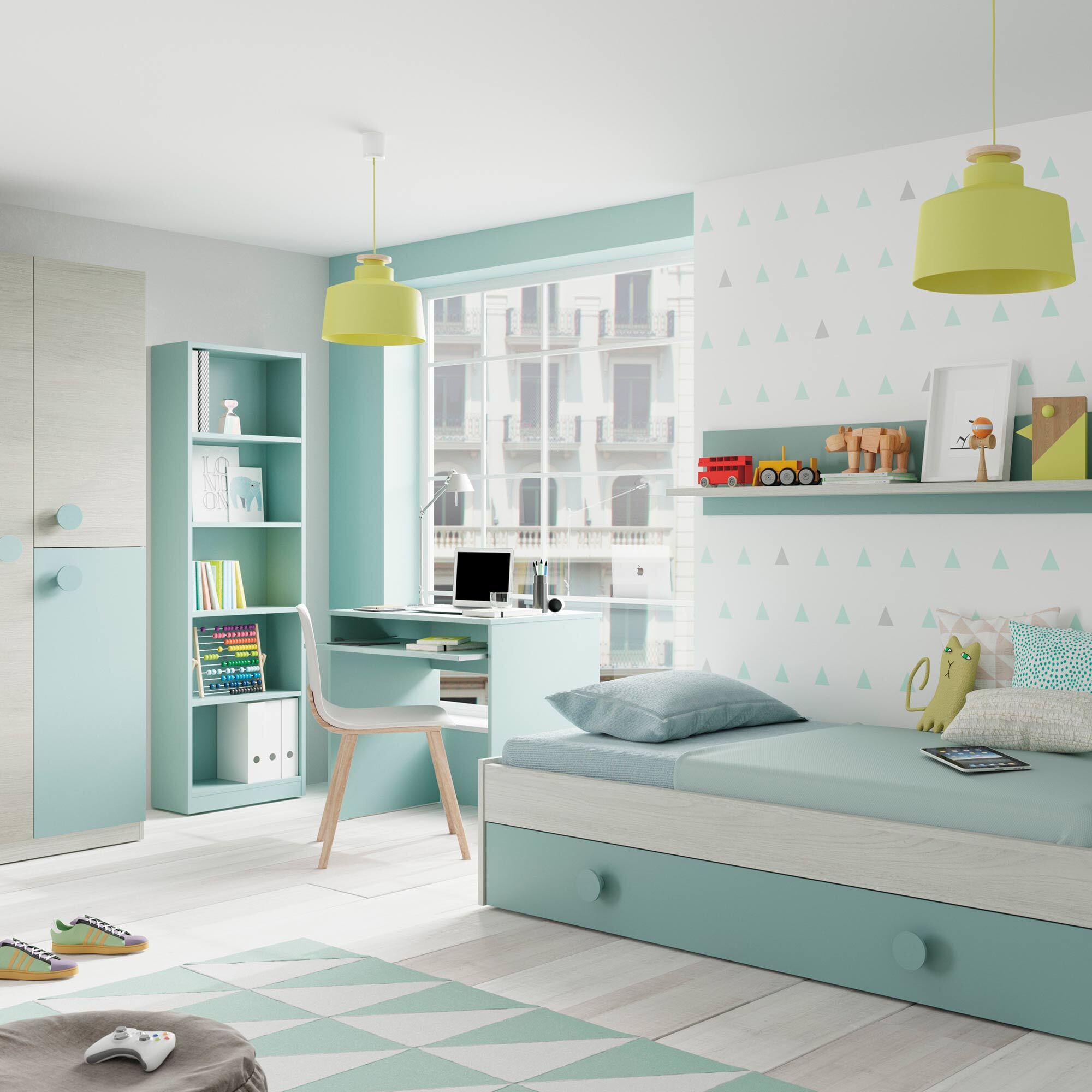Armario Juvenil Snuba 3 Puertas 200x90x52 Cm Verde Acqua / Blanco Alpes