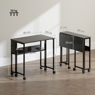 Escritorio Plegable con Ruedas y Estante, Mesa Escritorio Compacta con Bolsillo de Almacenaje, Mesa de Ordenador Portátil para Casa, Oficina, Espacios Pequeños, 80x50x75 cm, Negro