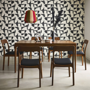 Table à manger ELENA rectangulaire en bois d'hévéa et placage frêne 160 cm. 6 chaises tissu noir. L 160 x P 90 x H 76cm