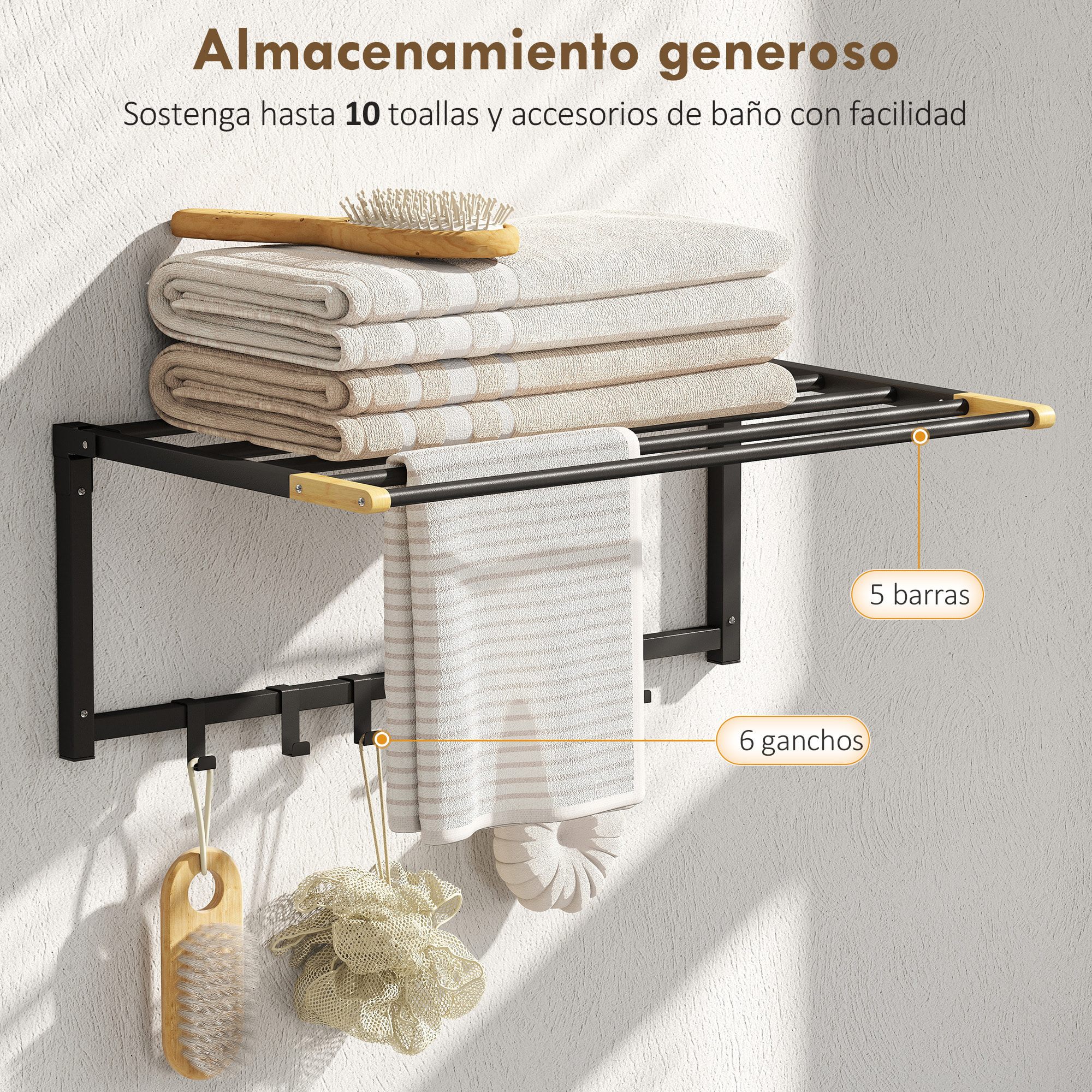 Toallero de Baño de Pared, Toallero Plegable con 5 Barras y 6 Ganchos, para Toallas, Baño, 60 cm, Negro