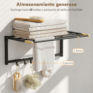Toallero de Baño de Pared, Toallero Plegable con 5 Barras y 6 Ganchos, para Toallas, Baño, 60 cm, Negro