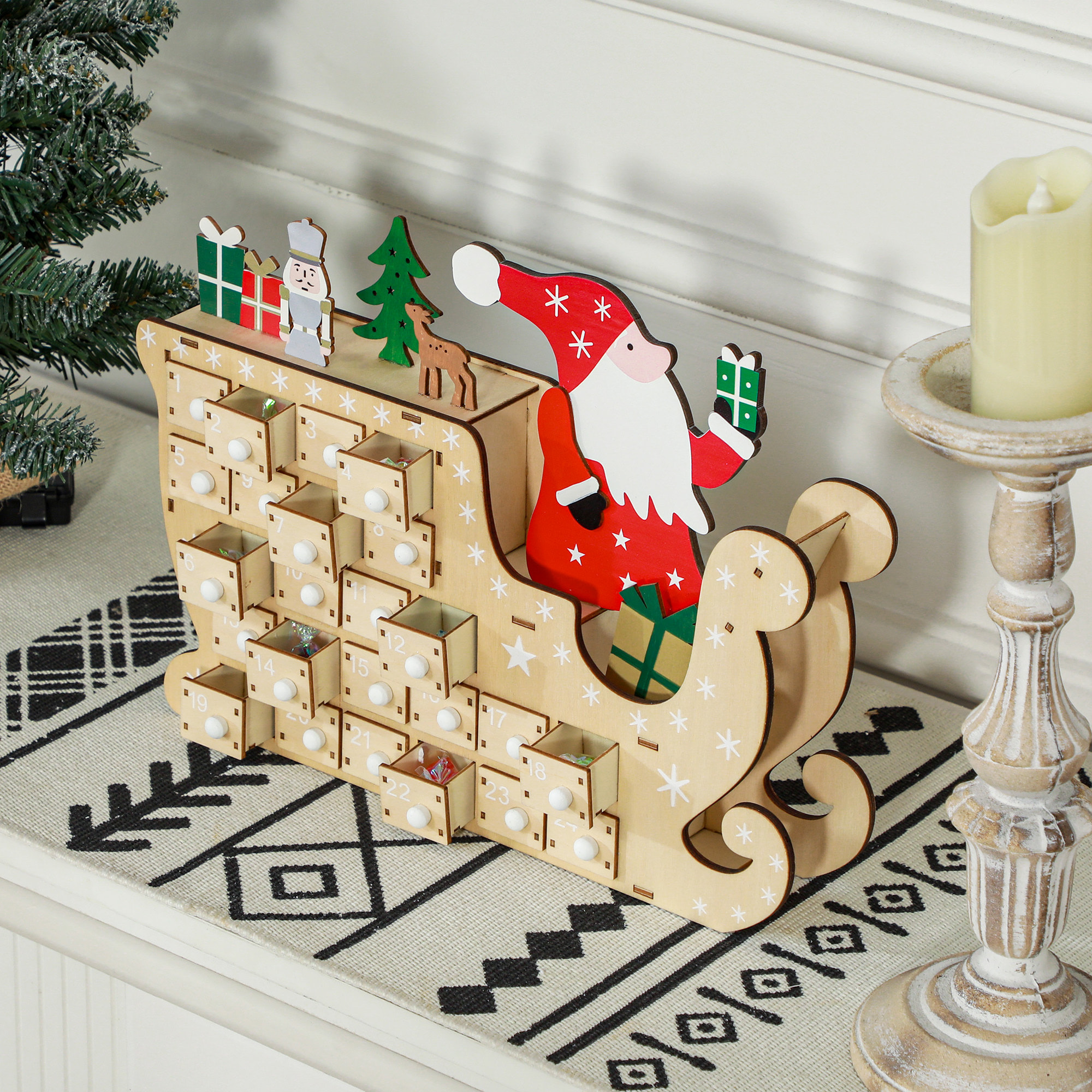 Calendario de Adviento de Madera con 24 Cajones, Calendario de Adviento de Navidad Reutilizable para Rellenar, Decorado con Papá Noel en su Trineo, Decoración Navideña, 22,5x8x36 cm, Natural