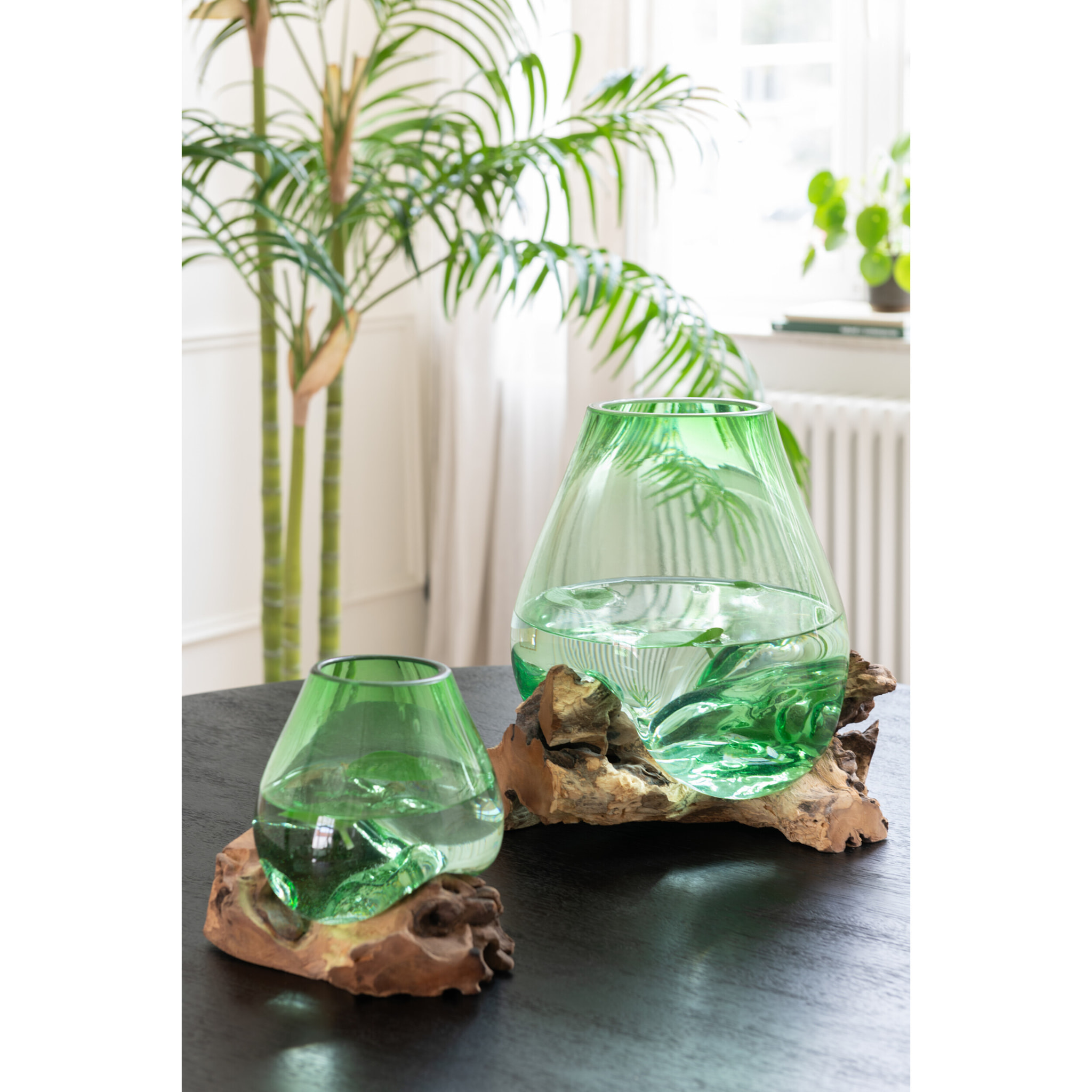 J-Line Vase Sur Pied Gamal Bois/Verre Recyclé Naturel/Vert Medium