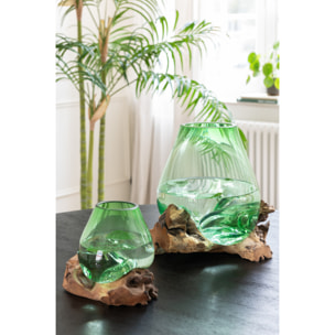 J-Line Vase Sur Pied Gamal Bois/Verre Recyclé Naturel/Vert Medium