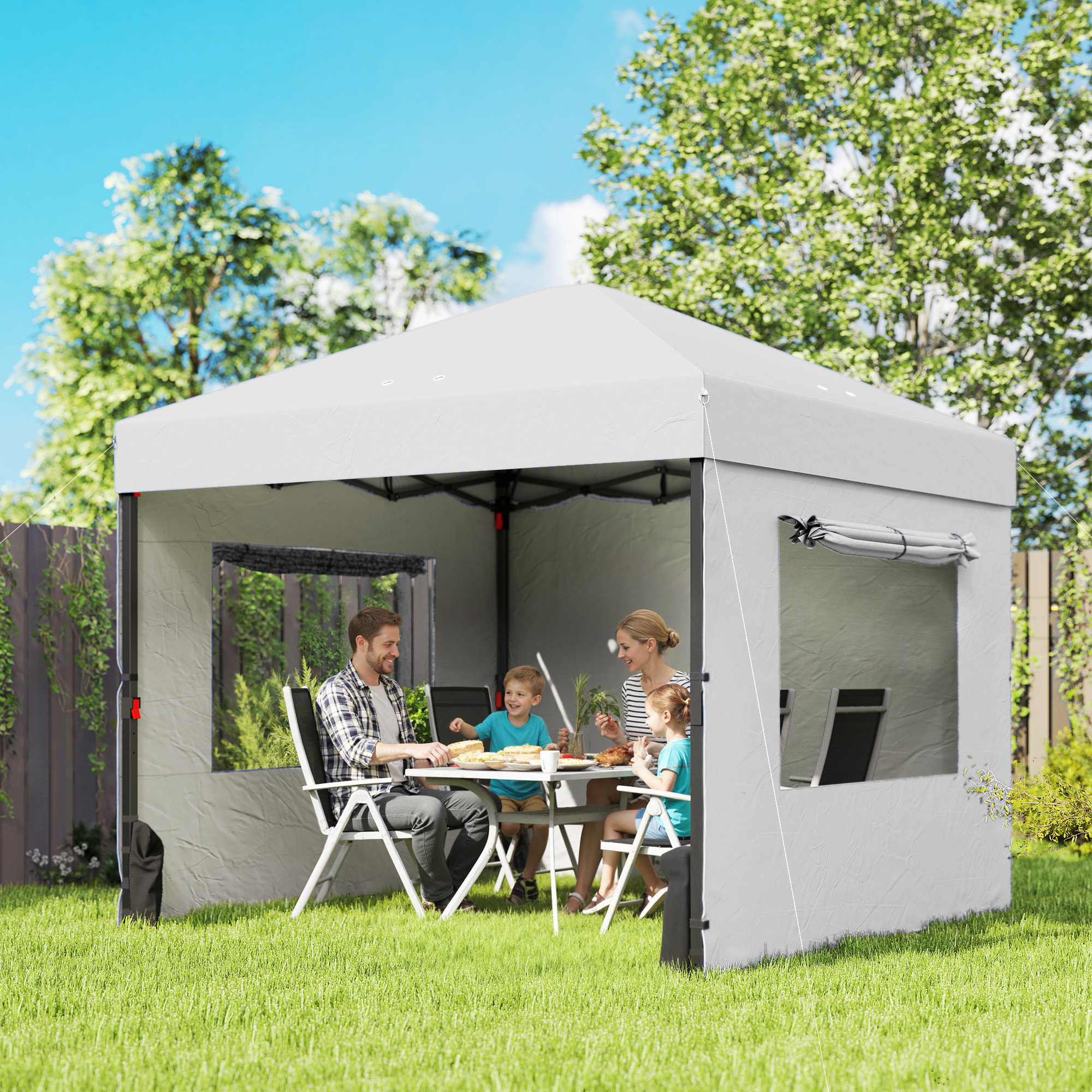 Carpa Plegable 3x3 m, Pop-up, Cenador Pabellón de Jardín con 3 Paredes Laterales, 2 Ventanas Malla, UPF50+, Altura Ajustable 3 Niveles, Bolsa Transporte, Sacos Arena, Gazebo Exterior, Blanco